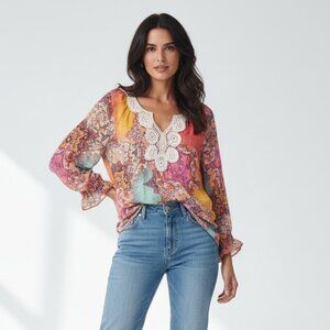 Flint & Moss Womens Sheer Tunic Top Size Large Watercolor Artsy Lightweight